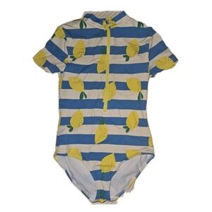 Mini Boden One Piece Girls Lemon Stripe Rash Guard Bathing Swim Suit Size 8-9Y